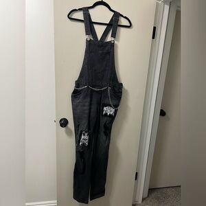 Upcycled Love Tree Black Denim Overalls with Chain and Patches